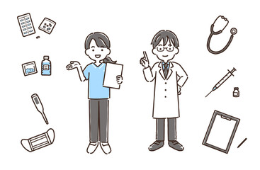白衣の医師・スクラブ姿の看護師・医療アイテム／シンプルカラー／セット