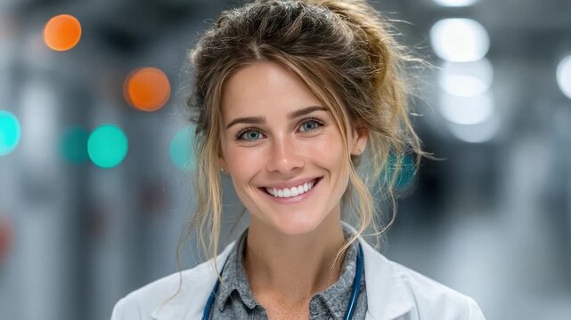 A Smiling Doctor: A portrait of a friendly and approachable doctor smiling warmly, exudes confidence and empathy, suggesting a caring and reassuring presence in a medical setting.