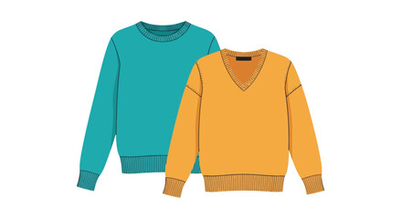 Two knitted sweaters displayed teal crewneck and orange v neck