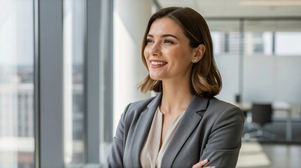 Portrait of young confident smiling Caucasian businesswoman in company office.