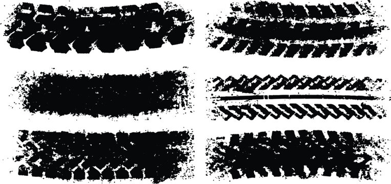 Set of grunge black tire tracks and skid marks dirty texture vector illustration design elements for backgrounds.