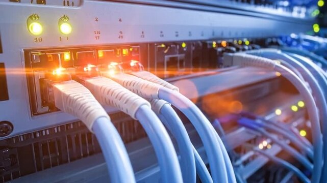 Close-up of network cables connected to ports in a server room, showcasing data transmission.
