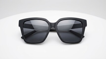 Stylish black sunglasses with a modern design displayed on a smooth surface against a transparent background and plain white background