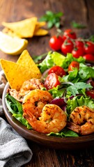 Grilled shrimp salad in a wooden bowl with tomatoes, chips, and greens