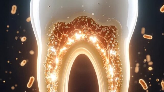 Detailed cross-section of a tooth showing internal structure and bacterial presence around the enamel.