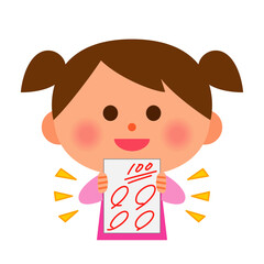 100点のテストを持って喜ぶ子供