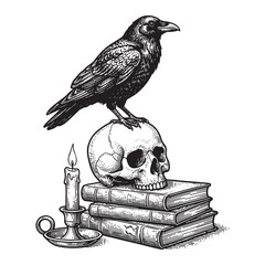 Obraz premium Raven Perched on Human Skull with Old Books and Candle