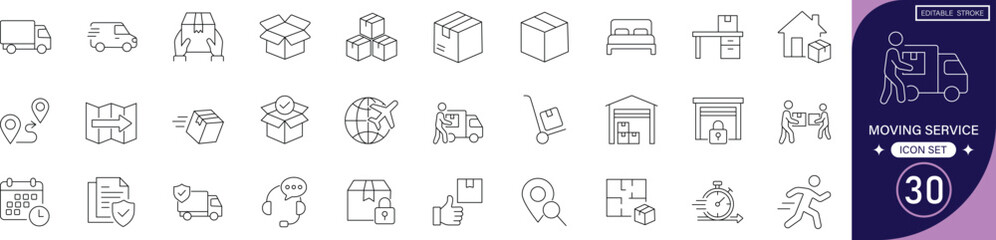  Moving service line icon set featuring relocation, logistics, shipping, transportation, packing, delivery, truck, storage, boxes, and carrier.editable stroke vector set. © icons Studio