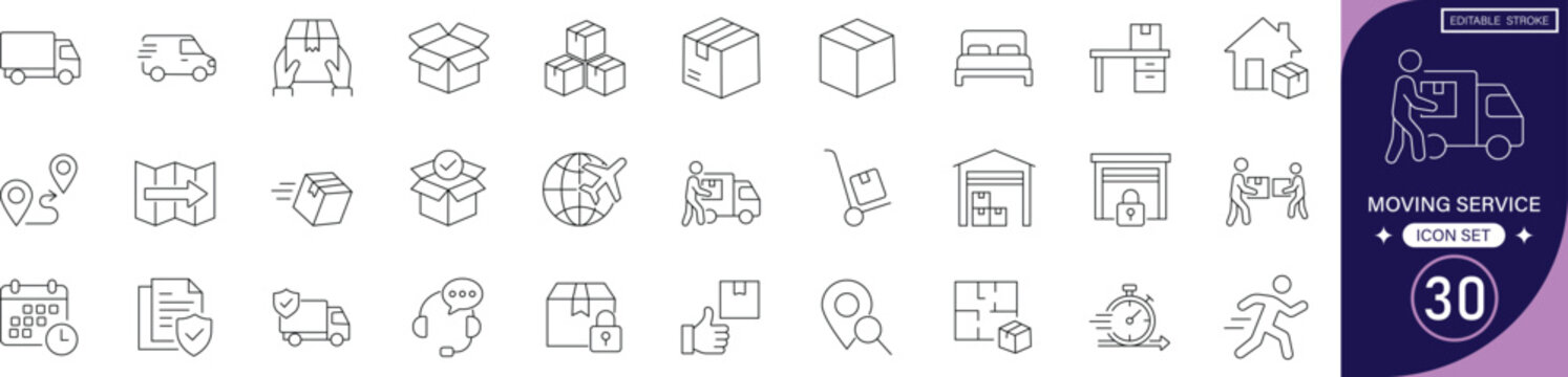
Moving service line icon set featuring relocation, logistics, shipping, transportation, packing, delivery, truck, storage, boxes, and carrier.editable stroke vector set.