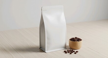 Minimalist coffee packaging mockup featuring a blank white resealable pouch placed on a light wooden background.