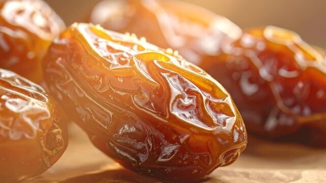 Close-up of shiny, brown dates, a traditional Middle Eastern fruit, on a wooden surface.