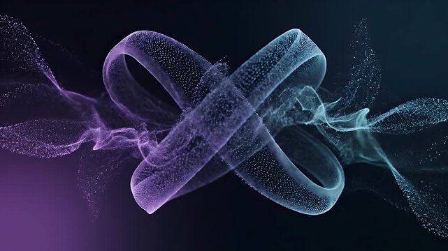 Abstract swirling particles forming an infinity loop against a dark backdrop with gradients of purple and blue