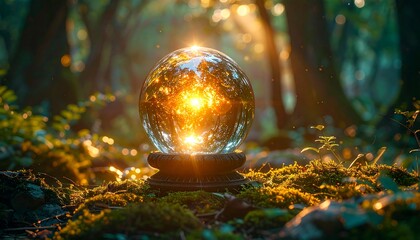 Mystical Crystal Ball Glowing in Enchanted Forest.
