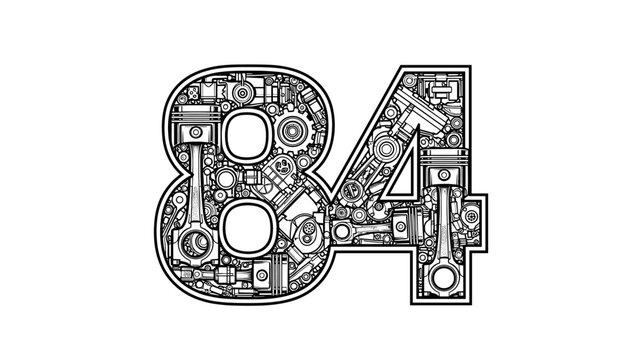 Number 84 Made of Mechanical Parts Engine Components Gears Pistons.