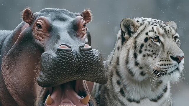 Hippopotamus and Tiger Closeup Portrait.