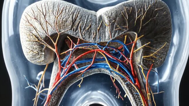 Detailed anatomical illustration of a human tooth, showcasing the internal structure and dental health.