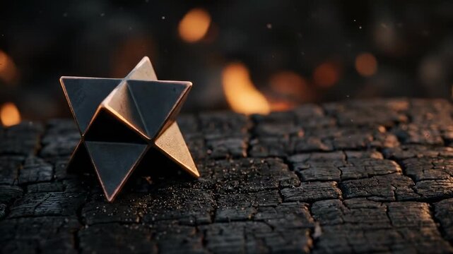 mercaba. A metallic star-shaped object rests atop a textured, dark wooden surface, illuminated by the warm, flickering glow of flames in the background, creating a captivating contrast