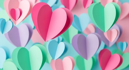 A beautiful display of meticulously crafted paper hearts in a spectrum of soft, pastel hues, symbolizing love and affection