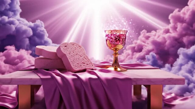 A surreal scene featuring bread and a goblet on a table amidst purple clouds and radiant light from above