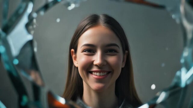 Smiling young woman through broken glass for business marketing and advertising campaigns, representing resilience and professionalism for corporate teams and startups