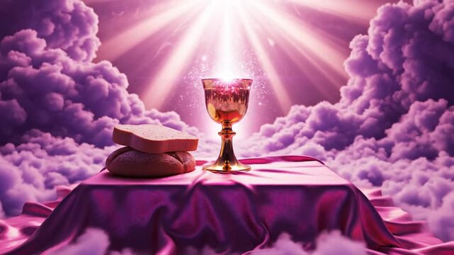 A golden goblet on a purple-draped table amidst fluffy clouds, surrounded by heavenly light rays shining from above