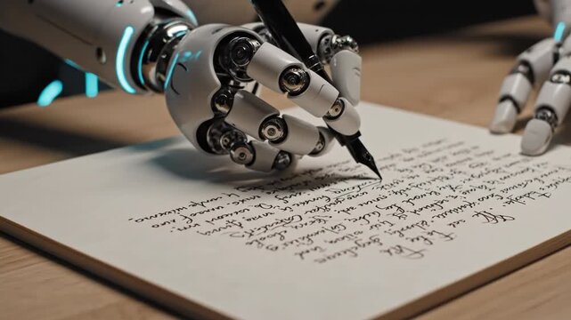 A robotic hand writing on a piece of paper with a pen on a wooden desk with another robotic hand in the background and blue lights
