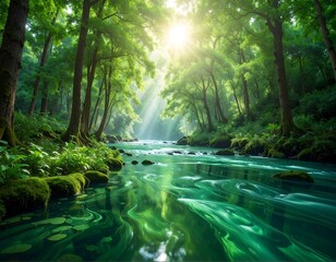 Obraz premium A serene forest scene with a vibrant green river