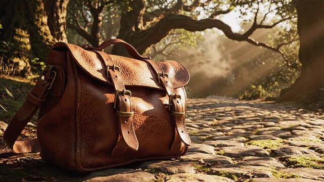 Lone weathered leather satchel resting on sunlit cobblestone path with aged texture and worn hardware