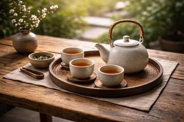 Fototapeta premium Serene tea setting with teapot and cups on wooden table in garden with natural light 4K Video Resolution
