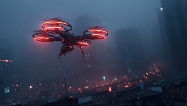 A futuristic drone hovers above a cityscape at night with glowing red lights
