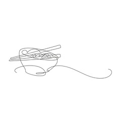 Obraz premium Noodles bowl with chopsticks and curved line design, minimalist line art illustration of a traditional Asian dish and eating utensils in sleek, simple style