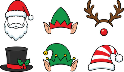 Christmas hats and holiday accessories icon set, Santa, elf, reindeer elements, winter festive illustrations, vector design © Sree