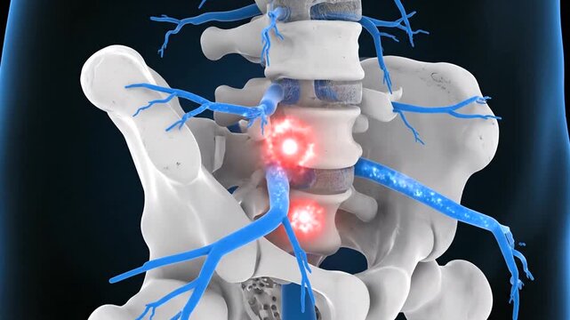 Medical illustration of human spine with highlighted nerves and vertebrae.