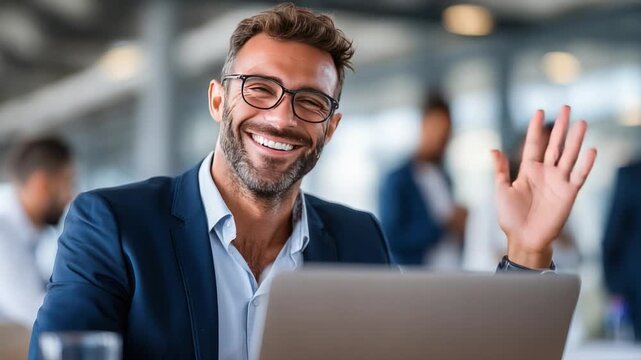 Cheerful Greetings in the Workplace: A smiling, bespectacled professional waves hello at the camera in a modern office environment.