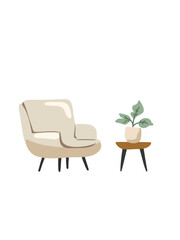 Fototapeta premium cozy beige armchair with side table and flower