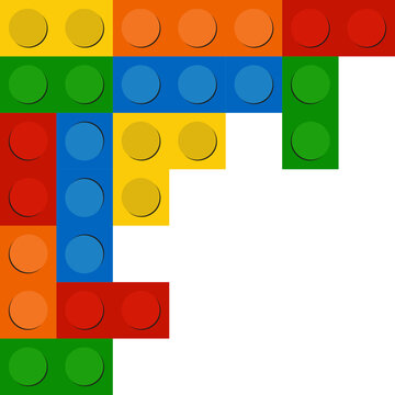 Colorful bricks arranged in a creative pattern on a white background, showcasing a fun and playful design with various shapes and colors.
