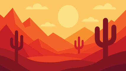 mountain desert landscape nature outdoor view scenery sunset with cactus background flat color vector illustration template design