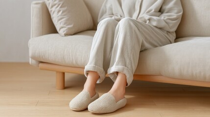 Fototapeta premium A person enjoys a peaceful moment while seated on a comfy sofa, wearing soft, fluffy slippers. The cozy atmosphere of the living room adds warmth to the tranquil afternoon