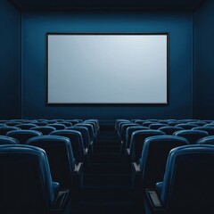 Fototapeta premium A dimly lit movie theater with a large blank screen and rows of empty blue seats