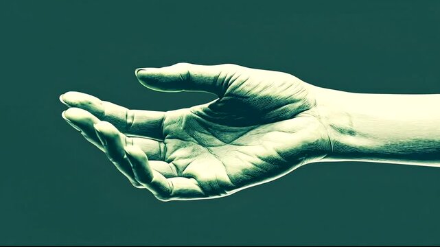 Elegant hand reaching out against a dark green backdrop