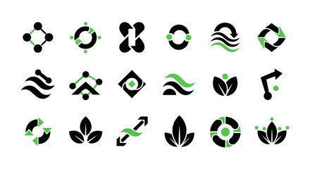 Collection of modern black and green abstract icons representing nature and sustainability concepts in a grid layout