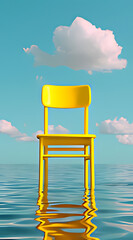 Bright yellow chair standing in shallow water under a blue sky with clouds. A surreal and minimalist scene with reflections and calm tones.