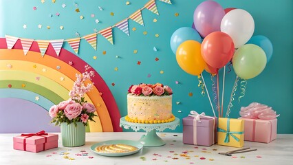Colorful celebration setup with cake, balloons, and rainbow decorations for a festive party.