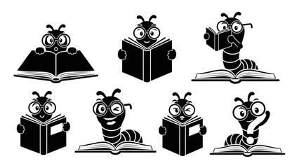 Cute cartoon caterpillar reading books, set of 7 illustrations, education concept