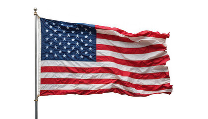 Obraz premium American flag waving on silver pole with white background symbolizing freedom and patriotism with red white and blue colors