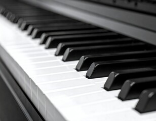 Close-up of a keyboard; black and white keys in the foreground