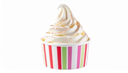 Creamy vanilla soft-serve ice cream swirl topped with cinnamon powder in striped colorful cup, vibrant dessert presentation highlighting texture, sweetness, and playful summer treat appeal.