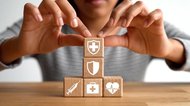 Person stacks wooden blocks with medical symbols forming pyramid shape symbolizing healthcare insurance protection and well-being concept concept during daytime