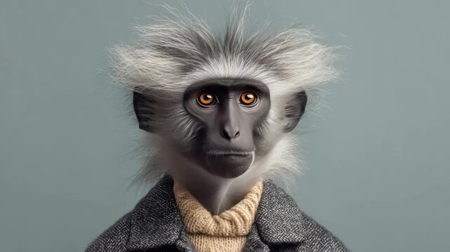 Monkey dressed in elegant coat and sweater on blue background portrait style. Concept of anthropomorphic fashion portrait. fantasy identity, wild meets urban