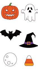 Obraz premium Halloween Icons: Pumpkin, Ghost, Bat, Witch Hat, Moon, Candy Corn - Vector Graphics
